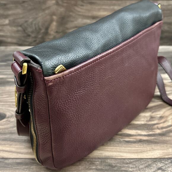 Fossil Leather Zipper Crossbody Shoulder Satchel Saddle Bag Black Burgundy - Picture 10 of 14